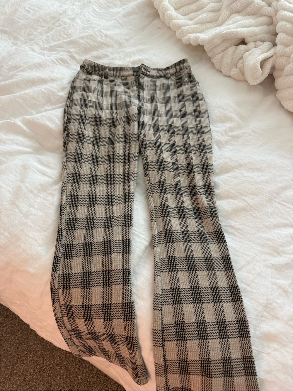 High-Waist Plaid Knit Pants in Black & Cream